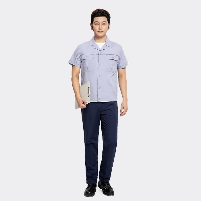 纽扣款夏季短袖工作服工装裤子 涤棉精梳磨毛（涤65%棉35%）浅灰色 4XL/190码