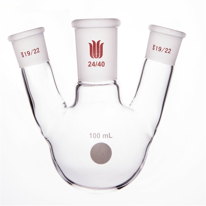 斜三口球瓶 厚壁高强度 中间磨口：24/40 侧磨口：19/22 100ml - 欣维尔
