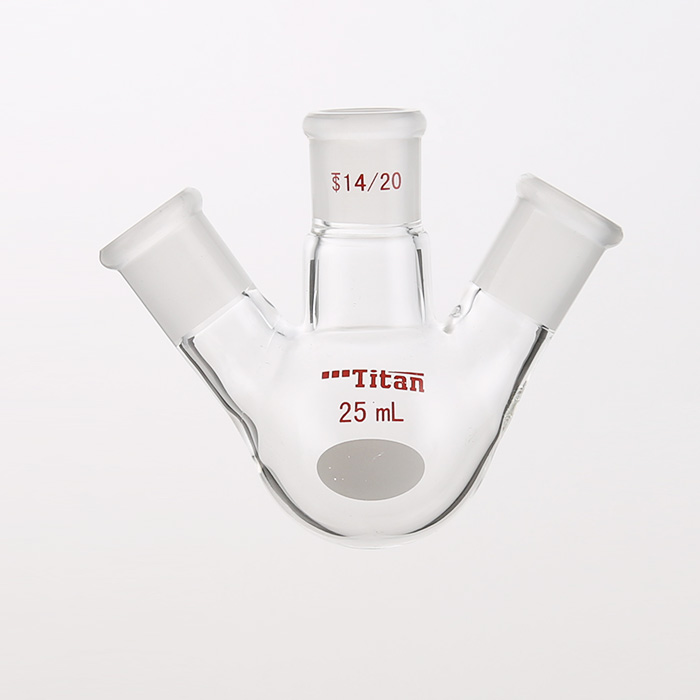 斜三口球瓶 厚壁高强度,中间磨口:14/20,侧磨口:14/20,25ml 特优级