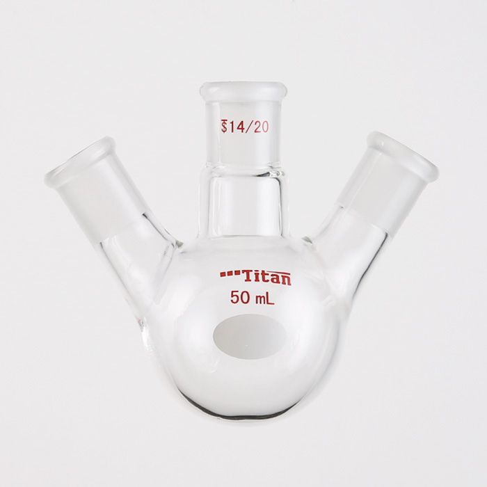 斜三口球瓶 厚壁高强度,中间磨口:14/20,侧磨口:14/20,50ml 特优级