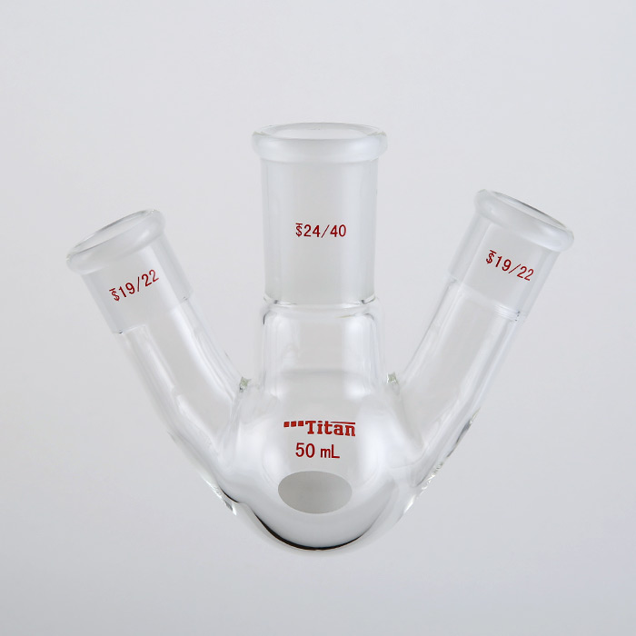 斜三口球瓶 厚壁高强度,中间磨口:24/40,侧磨口:19/22,50ml 特优级