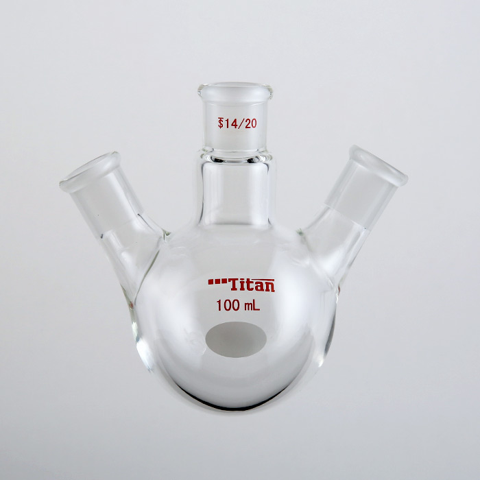 斜三口球瓶 厚壁高强度,中间磨口:14/20,侧磨口:14/20,100ml 特优级