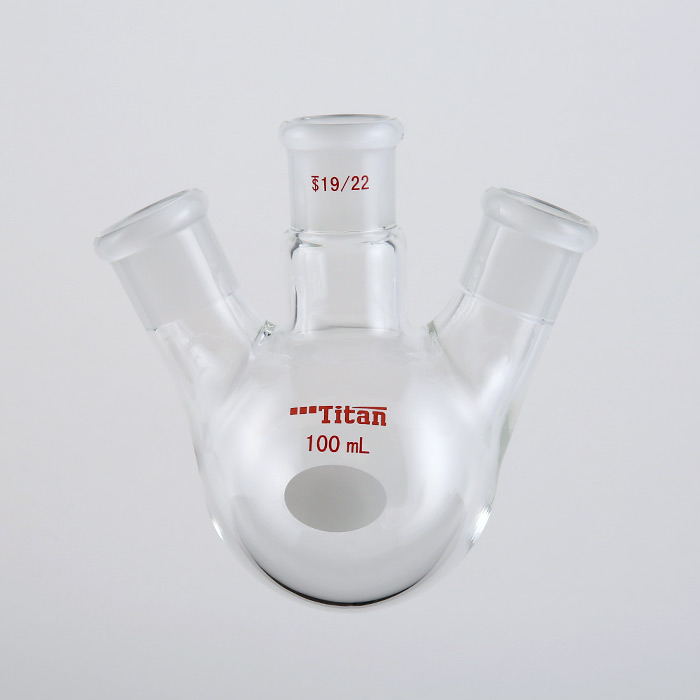 斜三口球瓶 厚壁高强度,中间磨口:19/22,侧磨口:19/22,100ml 特优级 爆款