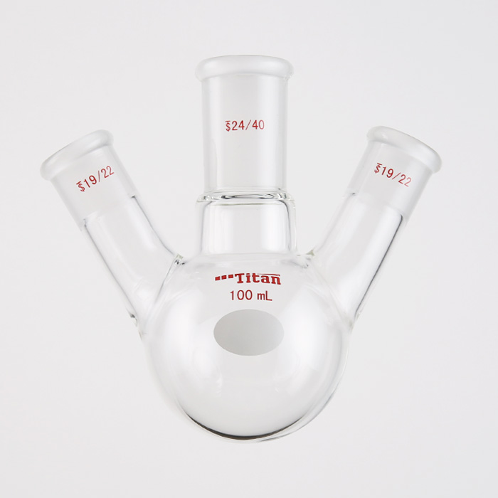 斜三口球瓶 厚壁高强度,中间磨口:24/40,侧磨口:19/22,100ml 特优级 爆款