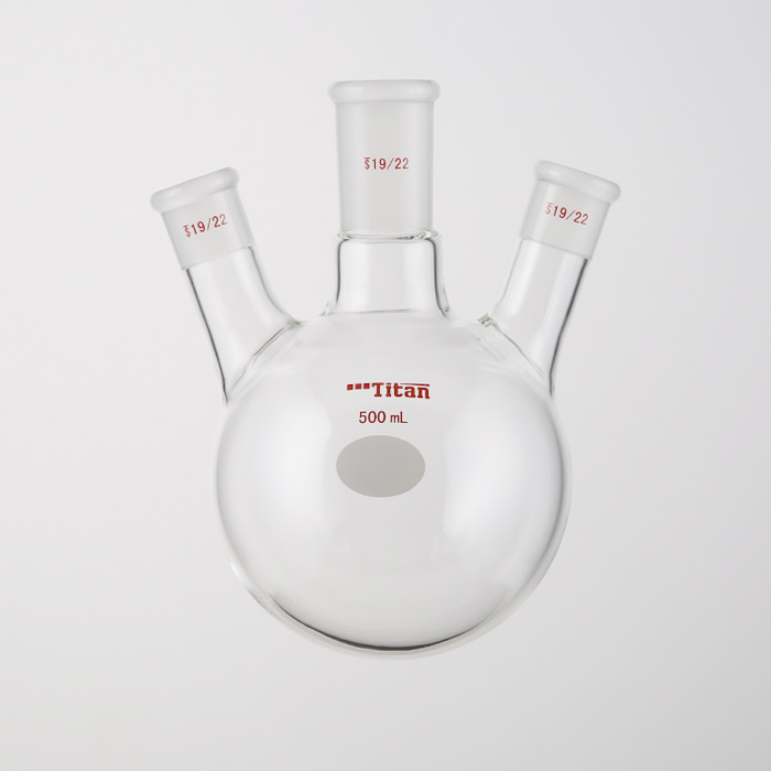 斜三口球瓶 厚壁高强度，中间磨口：24/40，侧磨口：19/22，500ml 特优级 - ACESUN艾斯琳