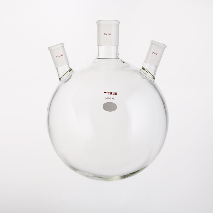 斜三口球瓶 厚壁高强度,中间磨口:34/45,侧磨口:24/40,5000ml 特优级