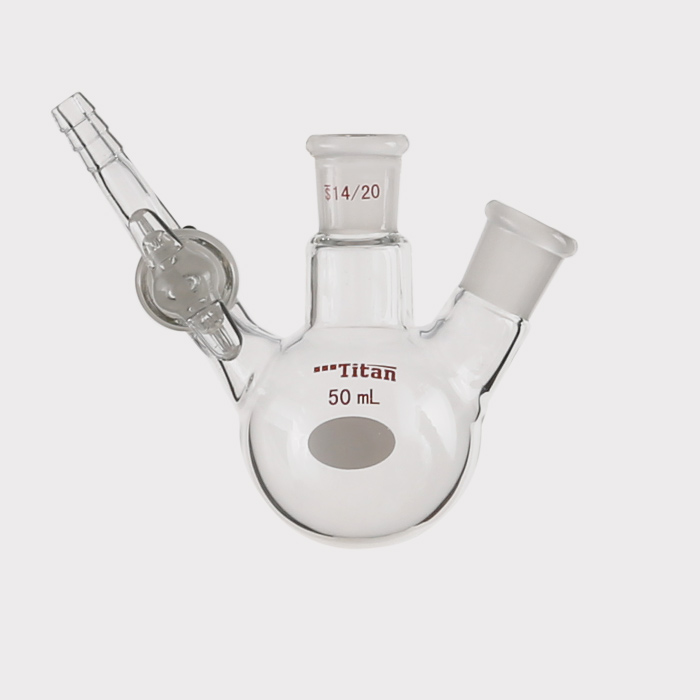 两口反应瓶 具2mm玻璃节门,磨口:14/20,小咀外径:8mm,50ml 特优级