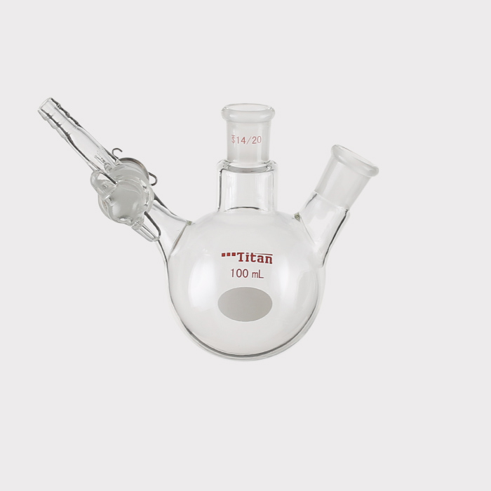 两口反应瓶 具2mm玻璃节门,磨口:14/20,小咀外径:8mm,100ml 特优级