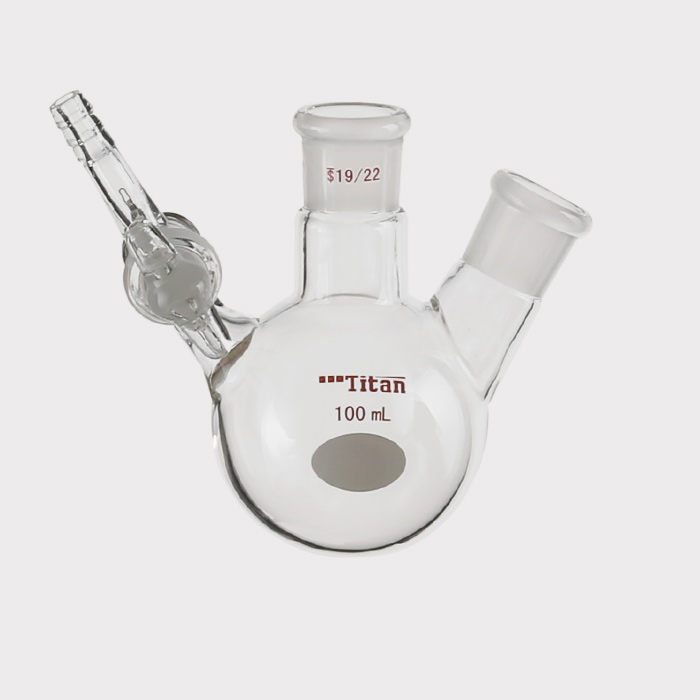 两口反应瓶 具2mm玻璃节门,磨口:19/22,小咀外径:8mm,100ml 特优级