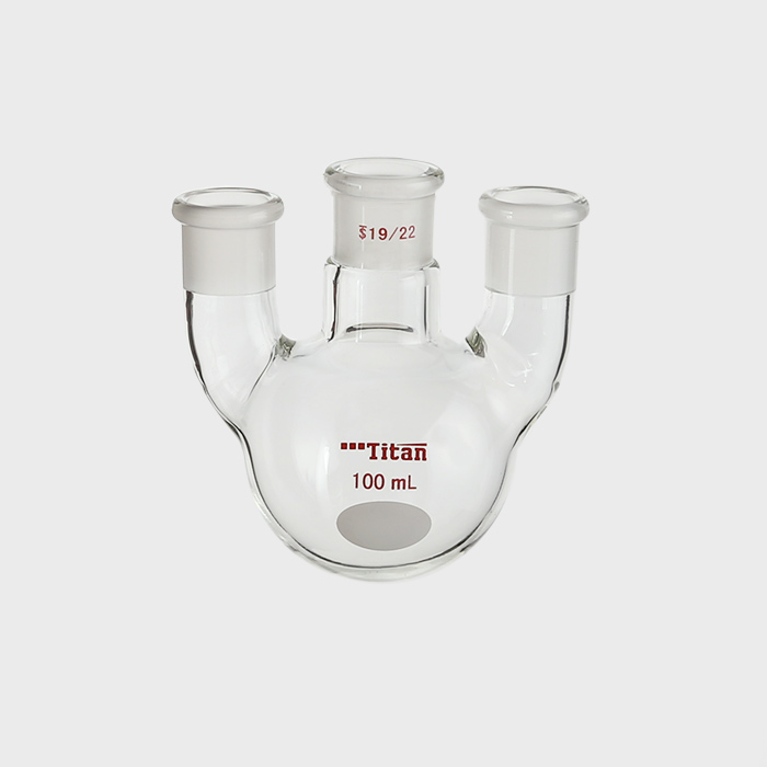 直三口球瓶 厚壁高强度，中间磨口：19/22，侧磨口：19/22，100ml 特优级 - ACESUN艾斯琳