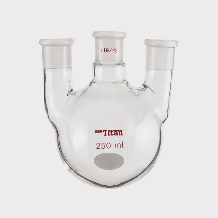 直三口球瓶 厚壁高强度，中间磨口：19/22，侧磨口：19/22，250ml 特优级 - ACESUN艾斯琳