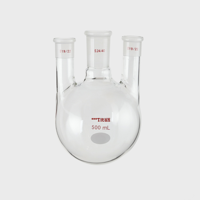直三口球瓶 厚壁高强度，中间磨口：24/40，侧磨口：19/22，500ml 特优级 - ACESUN艾斯琳