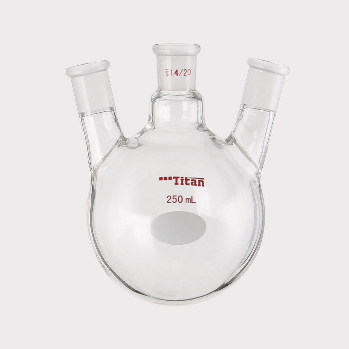 斜三口球瓶 厚壁高强度，中间磨口：14/20，侧磨口：14/20，250ml 特优级 - ACESUN艾斯琳