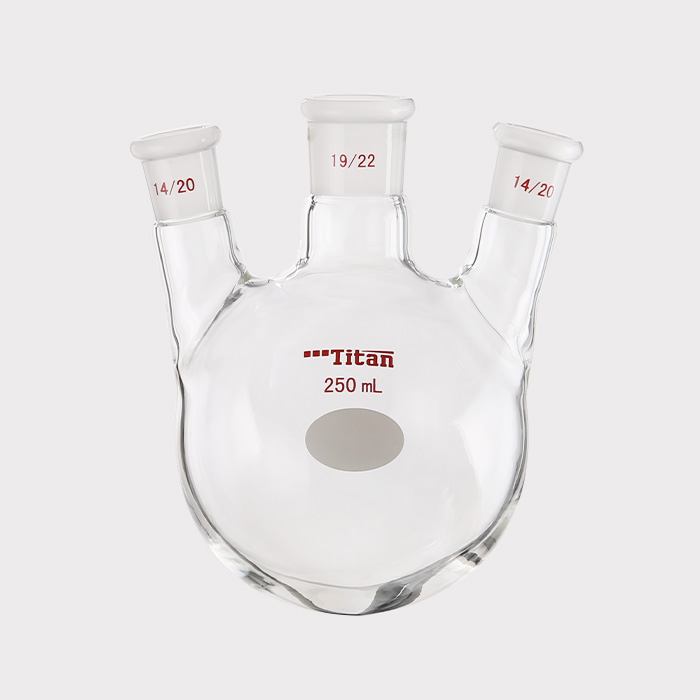 斜三口球瓶 厚壁高强度，中间磨口：19/22，侧磨口：14/20，250ml 特优级 - ACESUN艾斯琳
