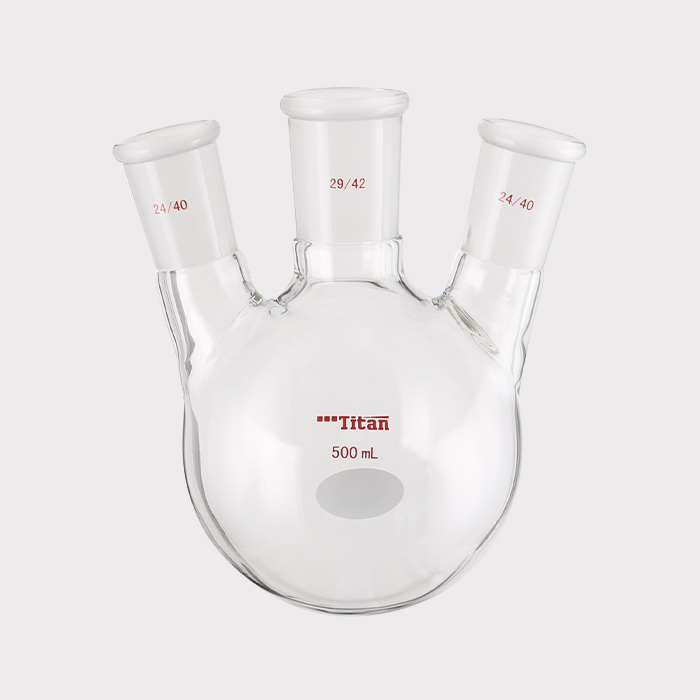 斜三口球瓶 厚壁高强度，中间磨口：29/42，侧磨口：24/40，500ml 特优级 - ACESUN艾斯琳