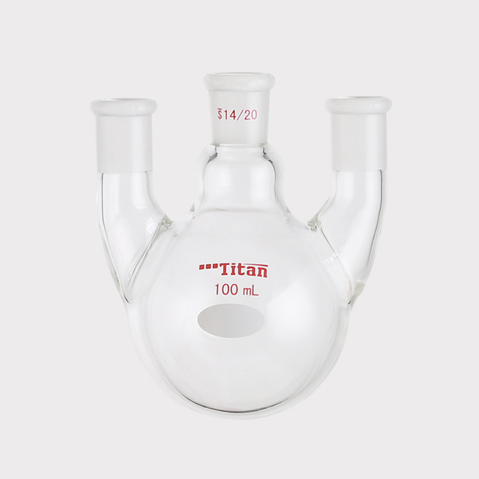直三口球瓶 厚壁高强度，中间磨口：14/20，侧磨口：14/20，100ml 特优级 - ACESUN艾斯琳