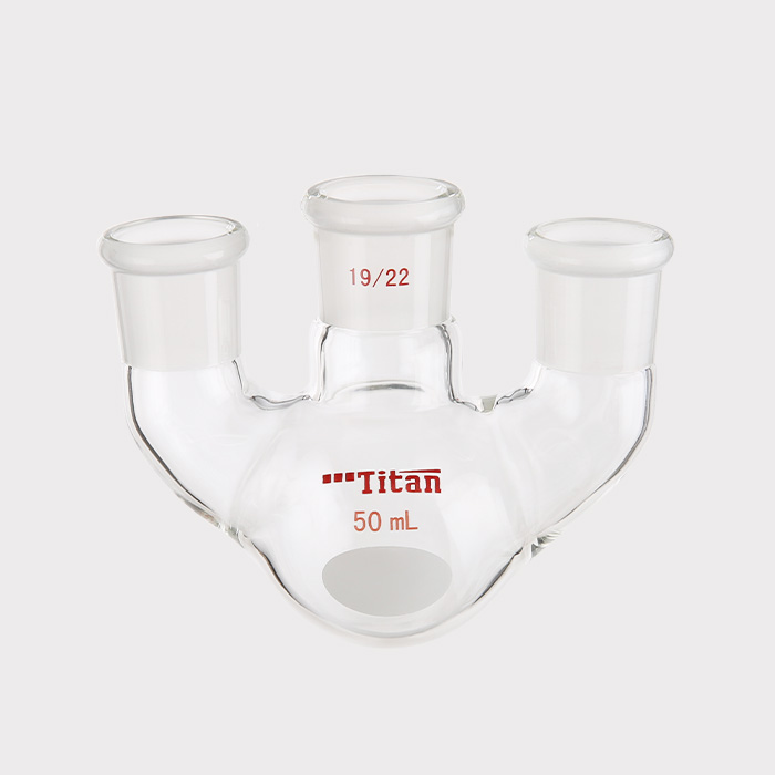 直三口球瓶 厚壁高强度,中间磨口:19/22,侧磨口:19/22,50ml 特优级