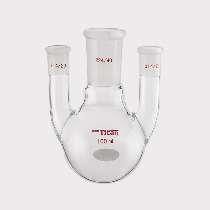 直三口球瓶 厚壁高强度，中间磨口：24/40，侧磨口：14/20，100ml 特优级 - ACESUN艾斯琳