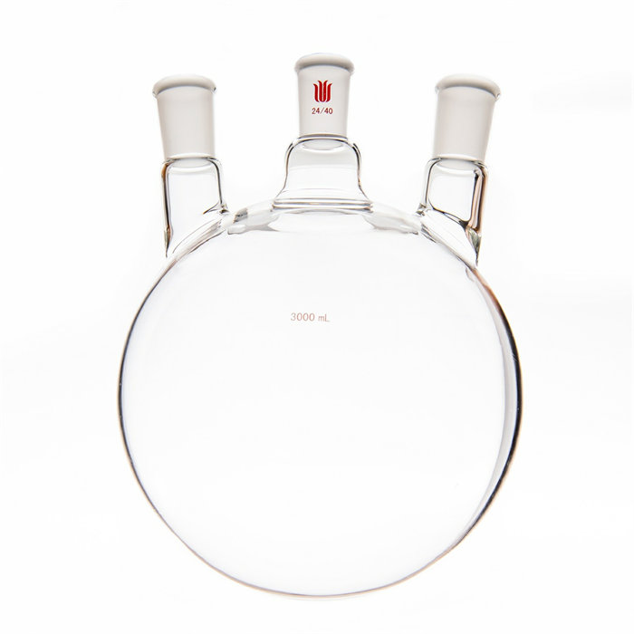 小角度三口球瓶,厚壁高强度,中间磨口:24/40,侧磨口:24/40,3000ml - 欣维尔
