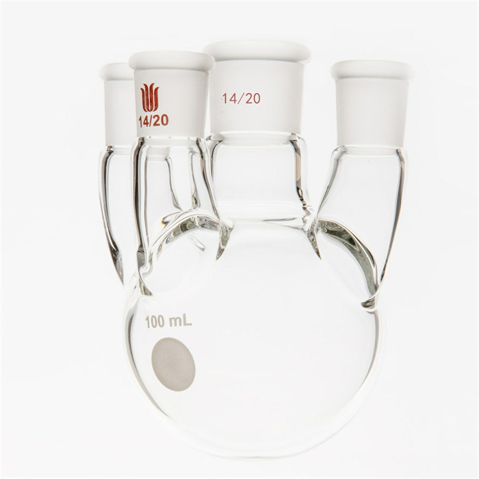 直四口圆底球瓶,中间磨口:14/20,侧磨口:14/20,前口：14/20,100ml - 欣维尔
