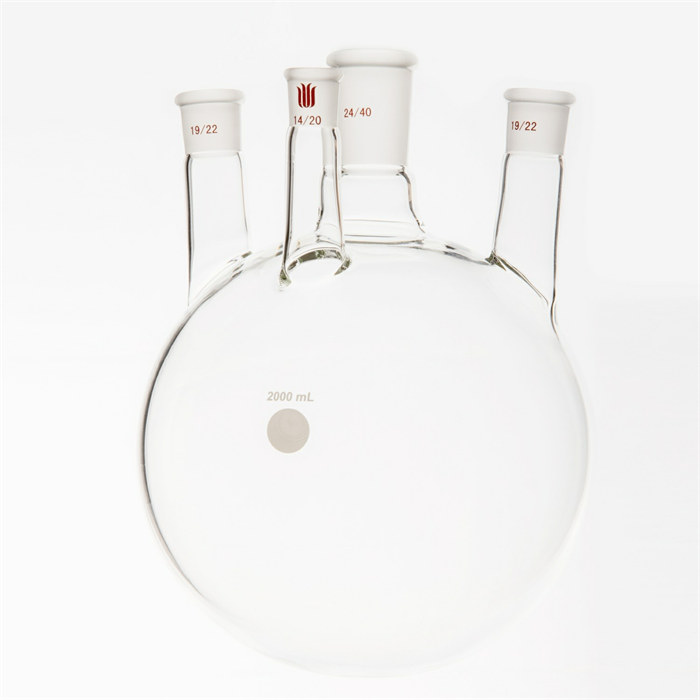小角度四口圆底球瓶,中间口24/40,侧口19/22,前口：14/20，2000ml - 欣维尔