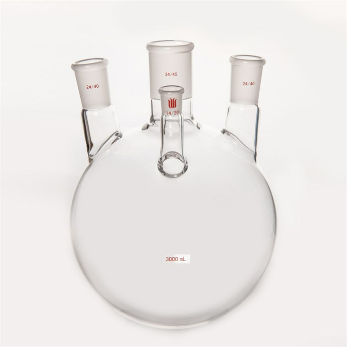 直四口圆底球瓶,主口:34/45,侧口:24/40，前口：14/20，3000ml - 欣维尔