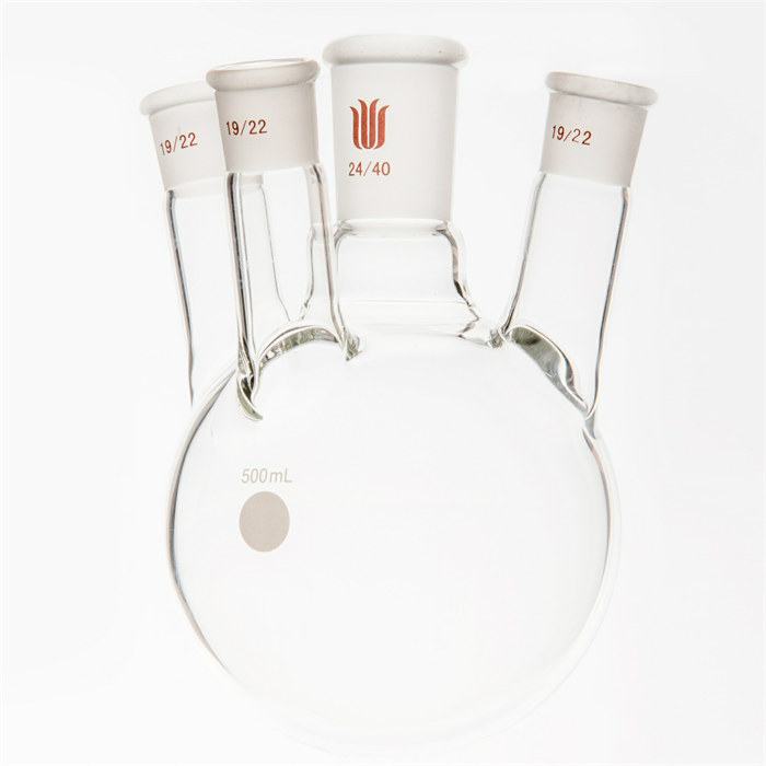 小角度四口圆底球瓶,中间磨口24/40,侧磨口19/22,500ml