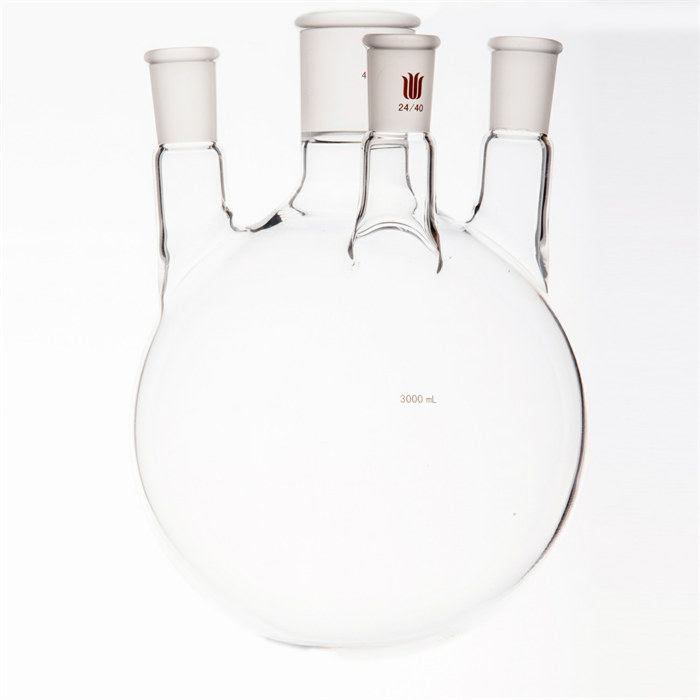 小角度四口圆底球瓶,中间磨口:45/50,侧口和前口:24/40,3000ml - 欣维尔