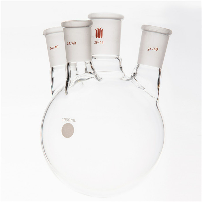 小角度四口圆底球瓶,中间磨口:29/42,侧磨口:24/40,1000ml - 欣维尔