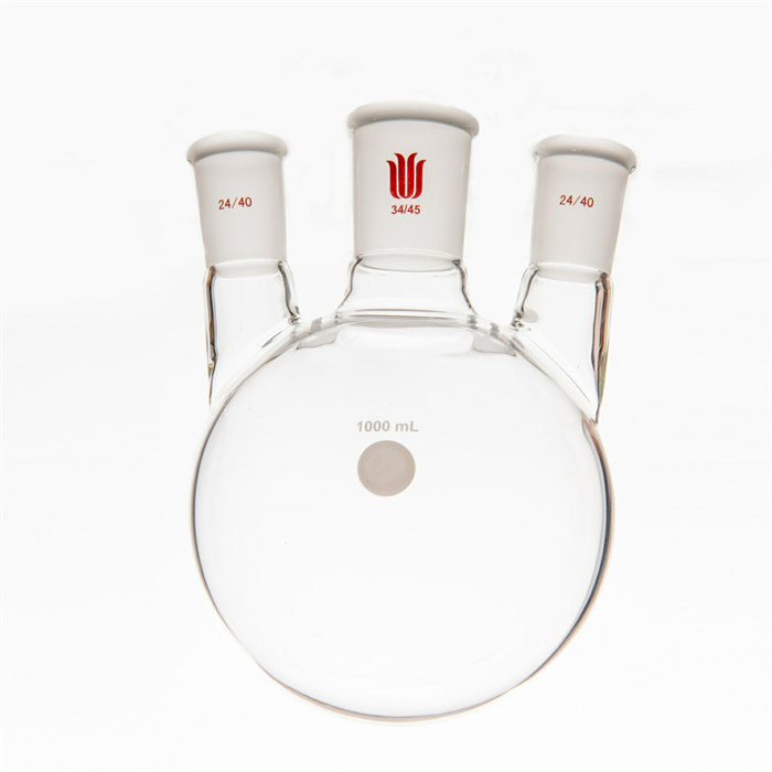 小角度三口球瓶,厚壁高强度,中间磨口:34/45,侧磨口:24/40,1000ml - 欣维尔