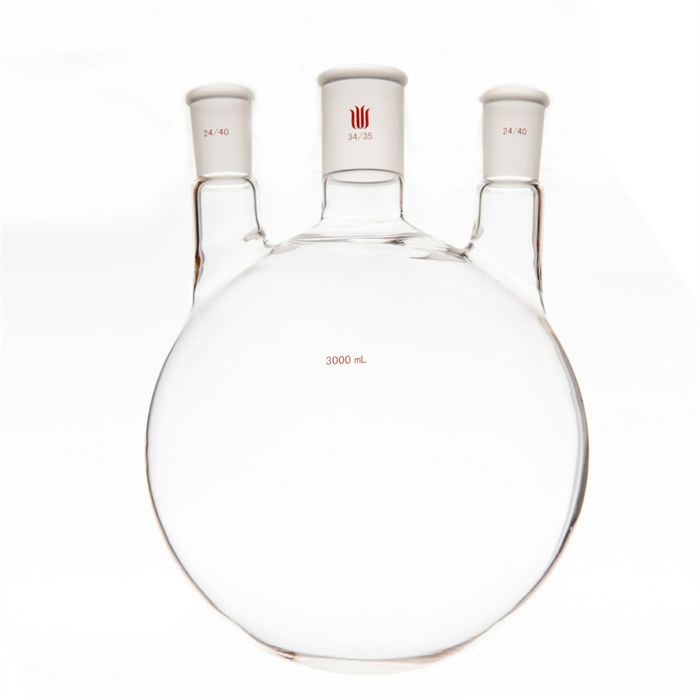 小角度三口球瓶,厚壁高强度,中间磨口:34/45,侧磨口:24/40,3000ml - 欣维尔