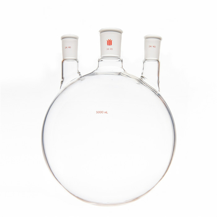 小角度三口球瓶,厚壁高强度,中间磨口:34/45,侧磨口:24/40,5000ml