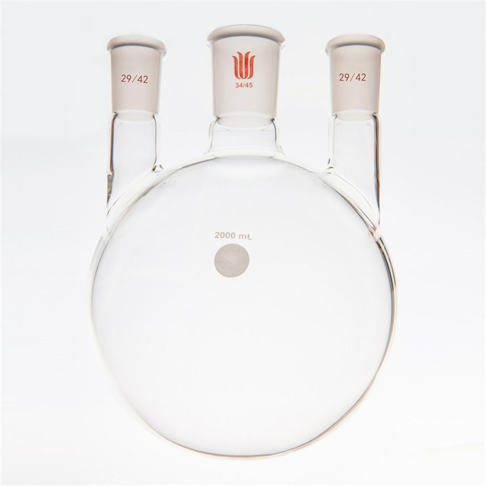 直三口球瓶,厚壁高强度,中间磨口:34/45,侧磨口:29/42,2000ml - 欣维尔