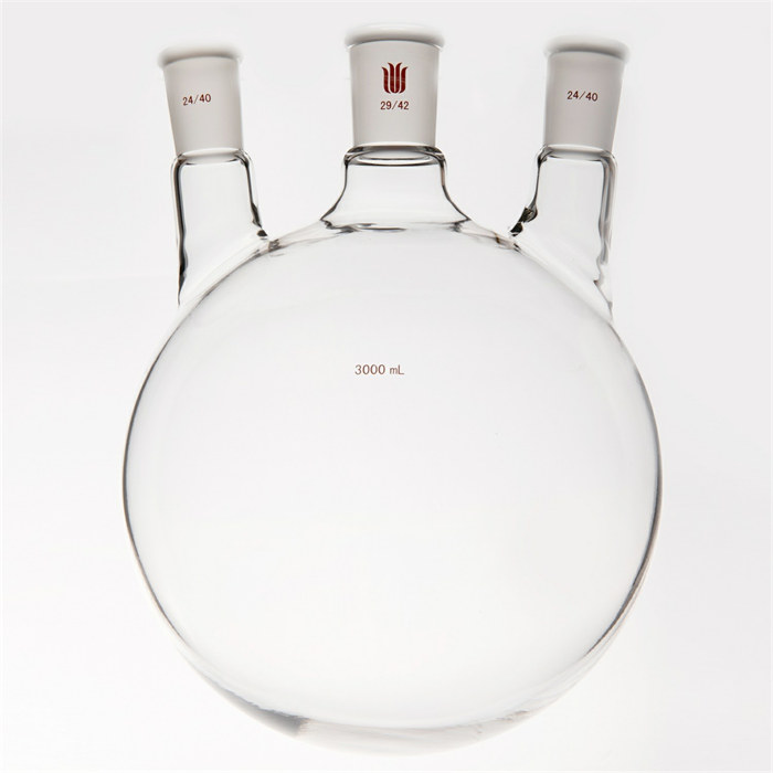 小角度三口球瓶,厚壁高强度,中间磨口:29/42,侧磨口:24/40,3000ml - 欣维尔