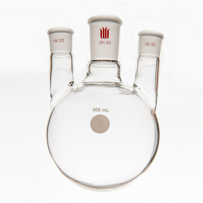 小角度三口球瓶,厚壁高强度,中间磨口:29/42,侧磨口:19/22,500ml - 欣维尔
