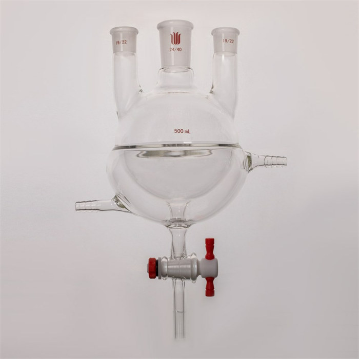 夹套半包式直三口球瓶,主口24/40,侧口19/22,500ml，4MM四氟节门