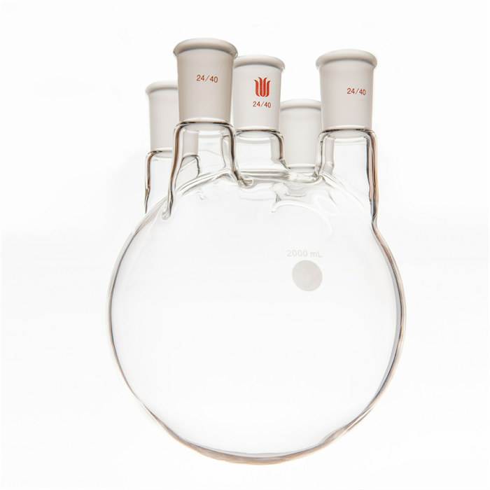 直五口圆底瓶,容量2000ml,主口24/40,边口24/40,边口24/40 - 欣维尔