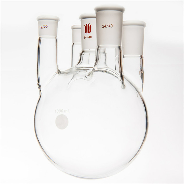 直五口圆底瓶,容量1000ml,主口24/40,边口24/40,边口19/22 - 欣维尔