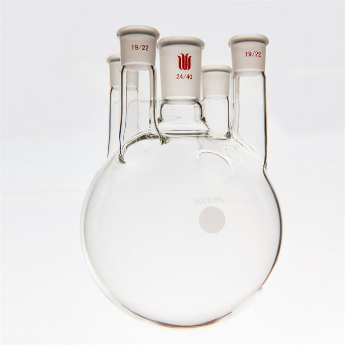 直五口圆底瓶,容量1000ml,主口24/40,边口19/22,边口19/22 - 欣维尔