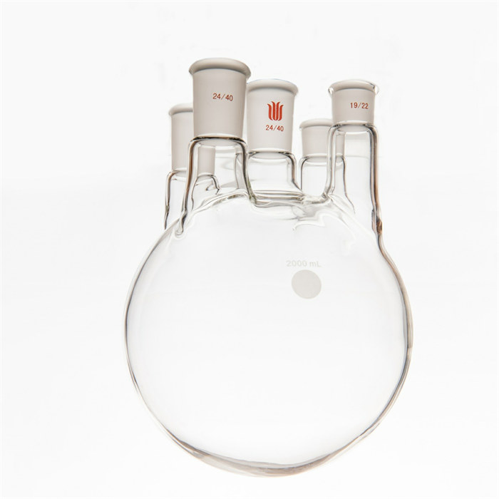 直五口圆底瓶,容量2000ml,主口24/40,边口24/40,边口19/22 - 欣维尔
