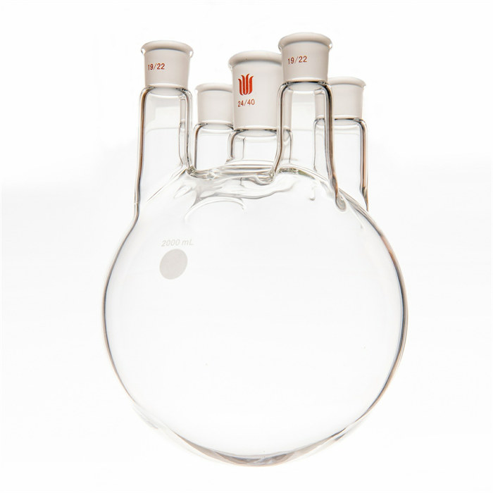 直五口圆底瓶,容量2000ml,主口24/40,边口19/22,边口19/22 - 欣维尔