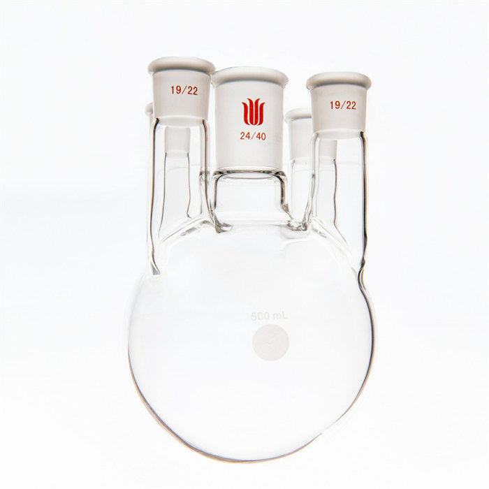 直五口圆底瓶,容量500ml,主口24/40,边口19/22,边口19/22 - 欣维尔