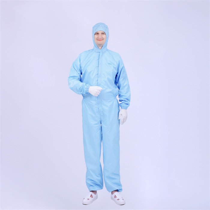 经济款0.5cm条纹防静电连帽三连体洁净服 蓝色 不可高温灭菌 M码
