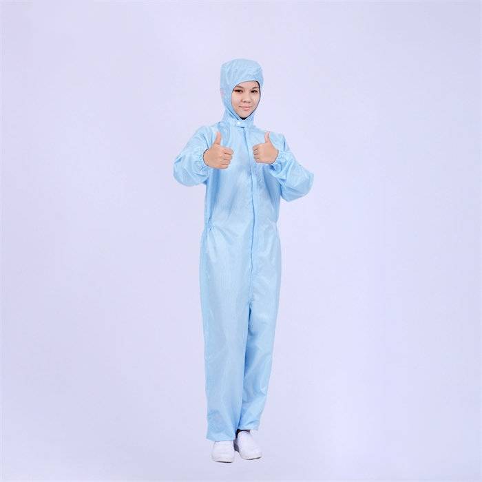经济款0.5cm条纹防静电连帽三连体洁净服 蓝色（含洁净布袋1个）可耐高温灭菌 XL码